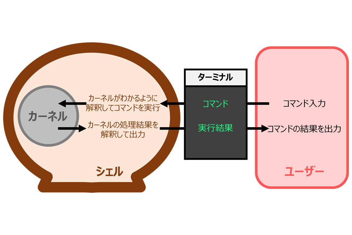 シェルはユーザーからの命令をカーネルに伝え、カーネルから返ってくる結果をユーザーに伝えます。